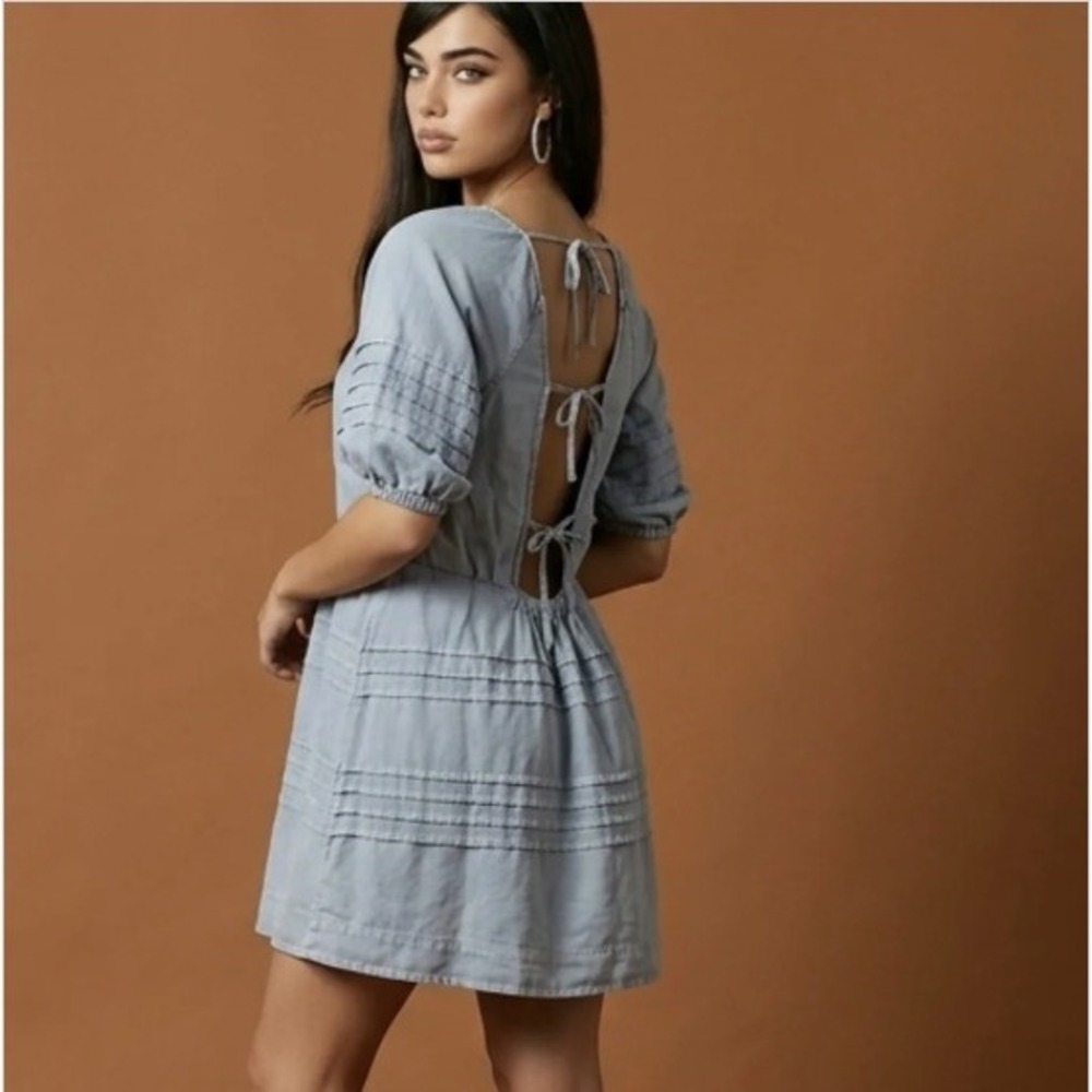 7 For All Mankind Blue Chambray Puff‎ Sleeve Pintuck Tie-Back Mini Dress Medium